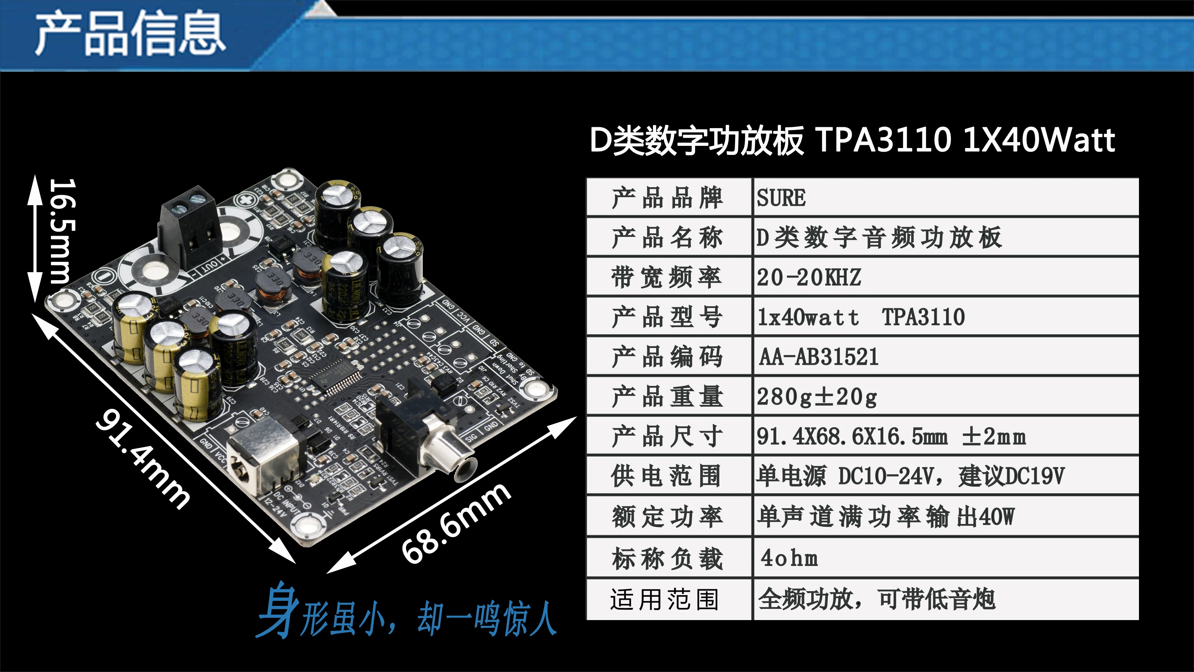 12v40W моно TPA3110 цифровой усилитель мощности плата D класса мини-усилитель