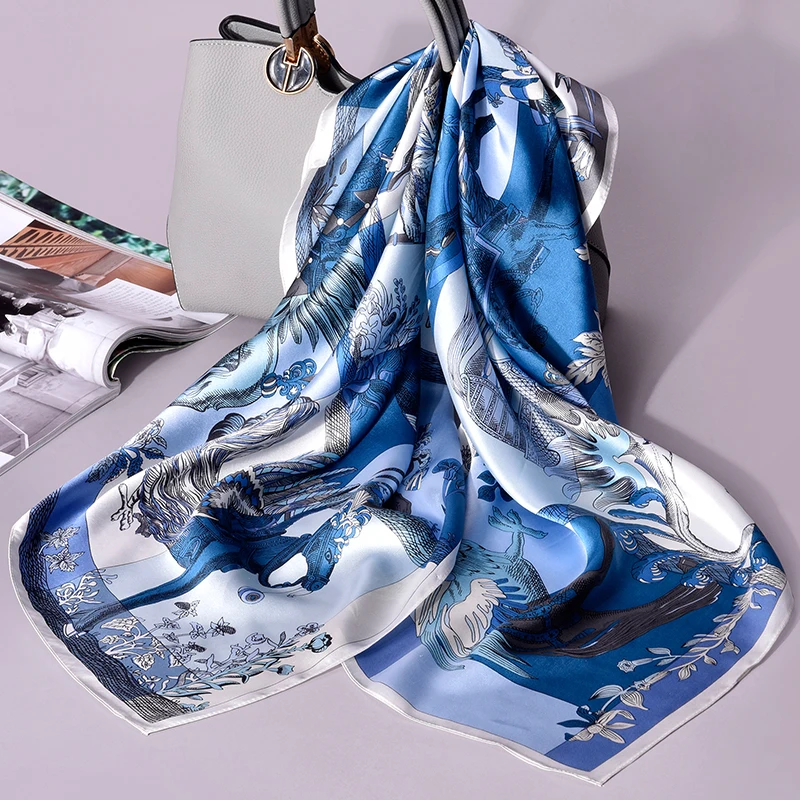 

100% Natural Silk Square Scarf Women Print Shawls Wraps For Ladies Pure Real Silk Large Scarves Headscarf Neckerchief 88x88cm