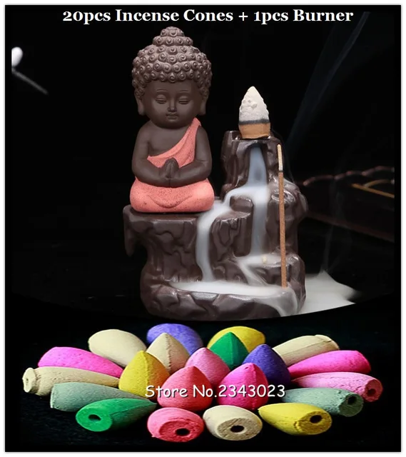 20 ароматный конус+ горелка креативное домашнее украшение маленький монах маленькая керамическая курильница «Будда» рефлюкс ладан горелка домашний чай - Цвет: 1