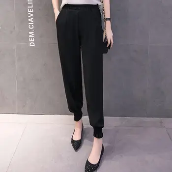 

Pants Women Linen Cotton Casual Harem Pants Mid Waist Elastic Trousers Female Solid Color Harajuku Ankle-length Length Pants