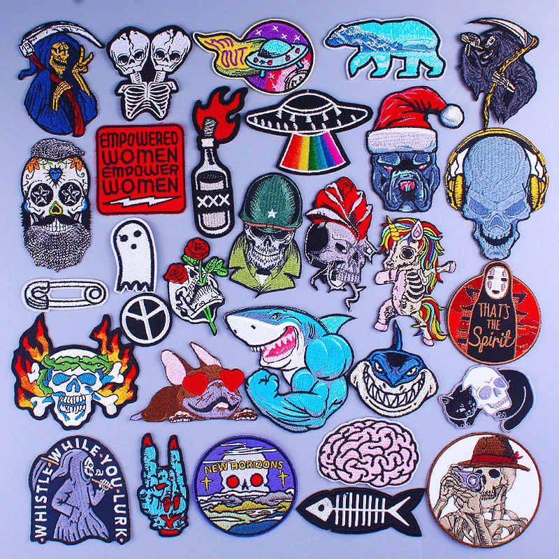 Skull Punk Patch On Clothes Grim Reaper Iron On Embroidered Patches For Clothing Diy Hippie Stripes Applique Shark Unicorn Badge Patches Aliexpress