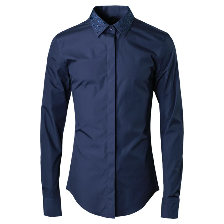 

4 Color Men Luxury Embroidered Collar Dress Shirt White Black Navy Blue Solid Mens Shirts Casual Slim Fit