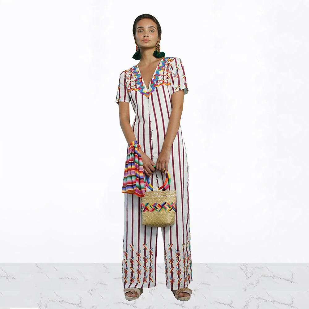 

Women Sexy V-Neck Single-Breasted Shirt Dress Striped Printed Short Sleeve Back Cross Belt Split Female Ankle-Length Dress