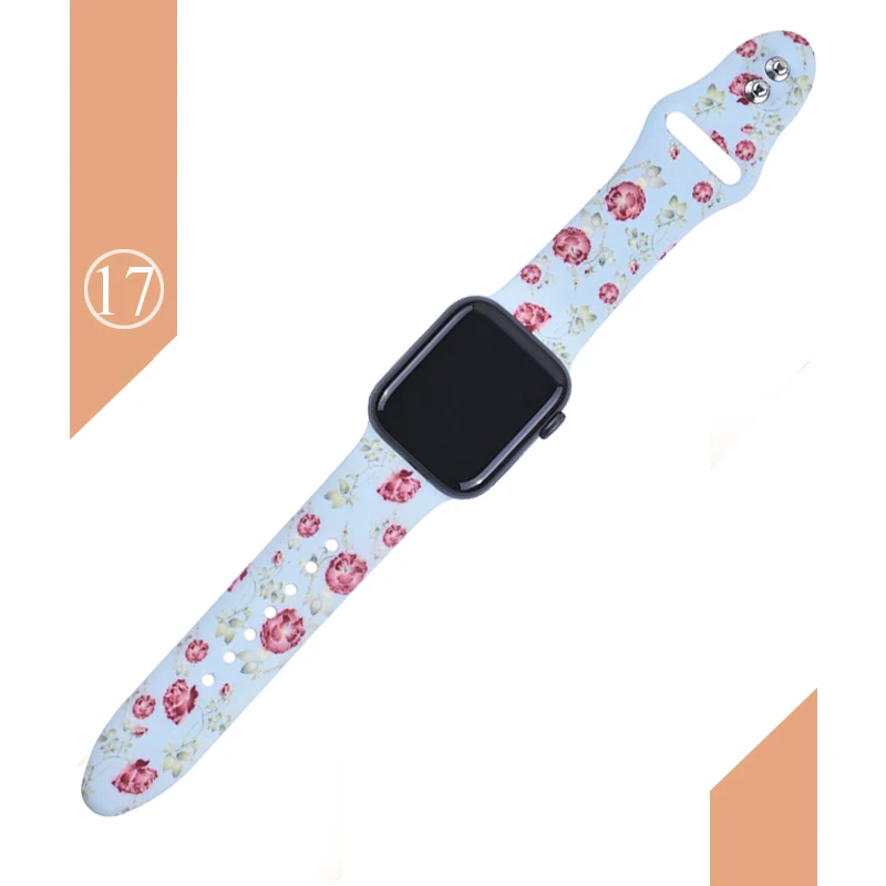 С цветочным узором ремешок для наручных часов Apple Watch 5 4 3 2 1 38/40 мм/42 44 мм мягкий печатным рисунком разноцветных силиконовых спортивный ремешок для наручных часов Iwatch, 4 Для женщин детей - Цвет ремешка: Color 17