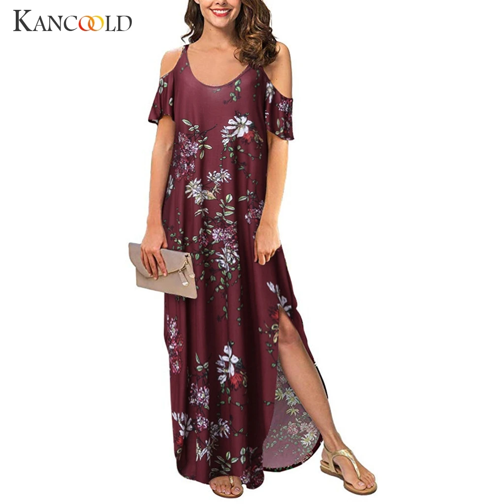 

KANCOOLD dress Women Print Strapless Strap Cold Shoulder Short Sleeve Pocket with Long Dress fashion new dress women 2019DEC10