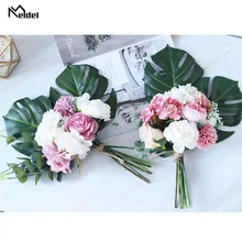 Meldel Свадебный букет Искусственный Шелковый цветок розы розовый Гортензия помпон тропический эвкалипт Пальмовые Листья Свадебные принадлежности