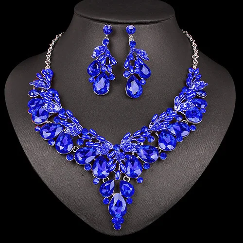 blue in silver Модное ожерелье с кристаллами, серьги, индийский роскошный свадебный ювелирный набор, для свадьбы, вечеринки, выпускного, бижутерия, рождественский подарок для женщин - Окраска металла: blue in silver