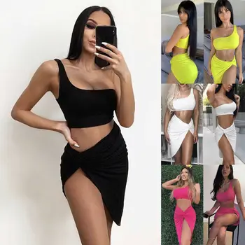 

Summer Beach Women Evening Party Dress Sets One Shoulder Crop Tops With High Waist Skirts Sexy Crop Top Two Piece Clubwear Set