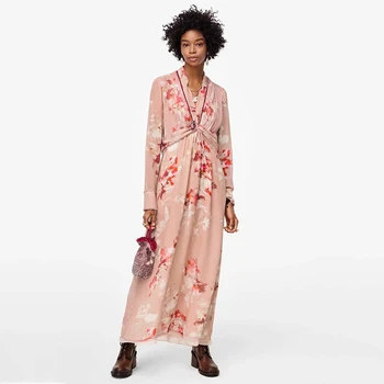 

ZA 2020 Summer Elegant Maxi Dress Women Flora Print Full Sleeve Chiffon Dress Ladies V-Neck Sexy Party Dress Robe Femme