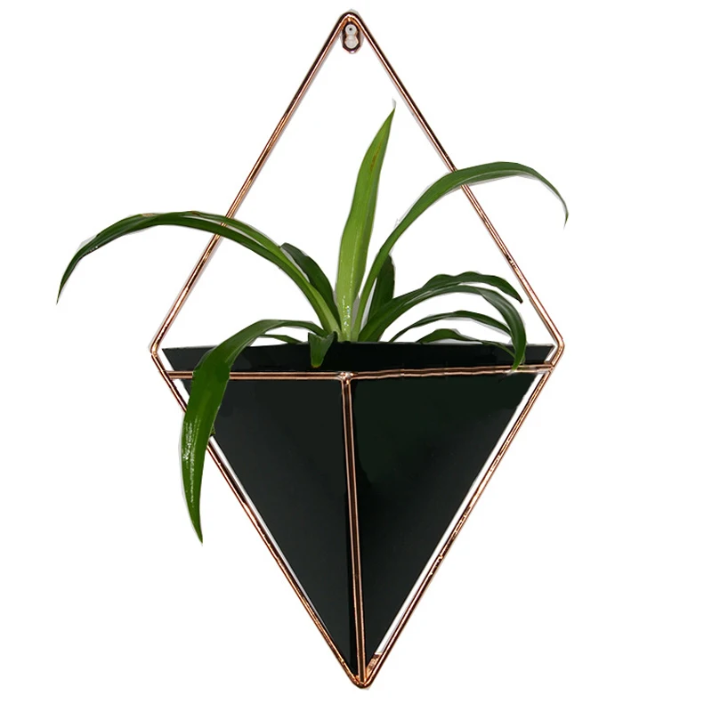 Acrylic flower Pot+ Iron Plant Holders Set Indoor Hanging Planter Geometric Vase Wall Decor Container Succulents Plant Pots - Цвет: Black