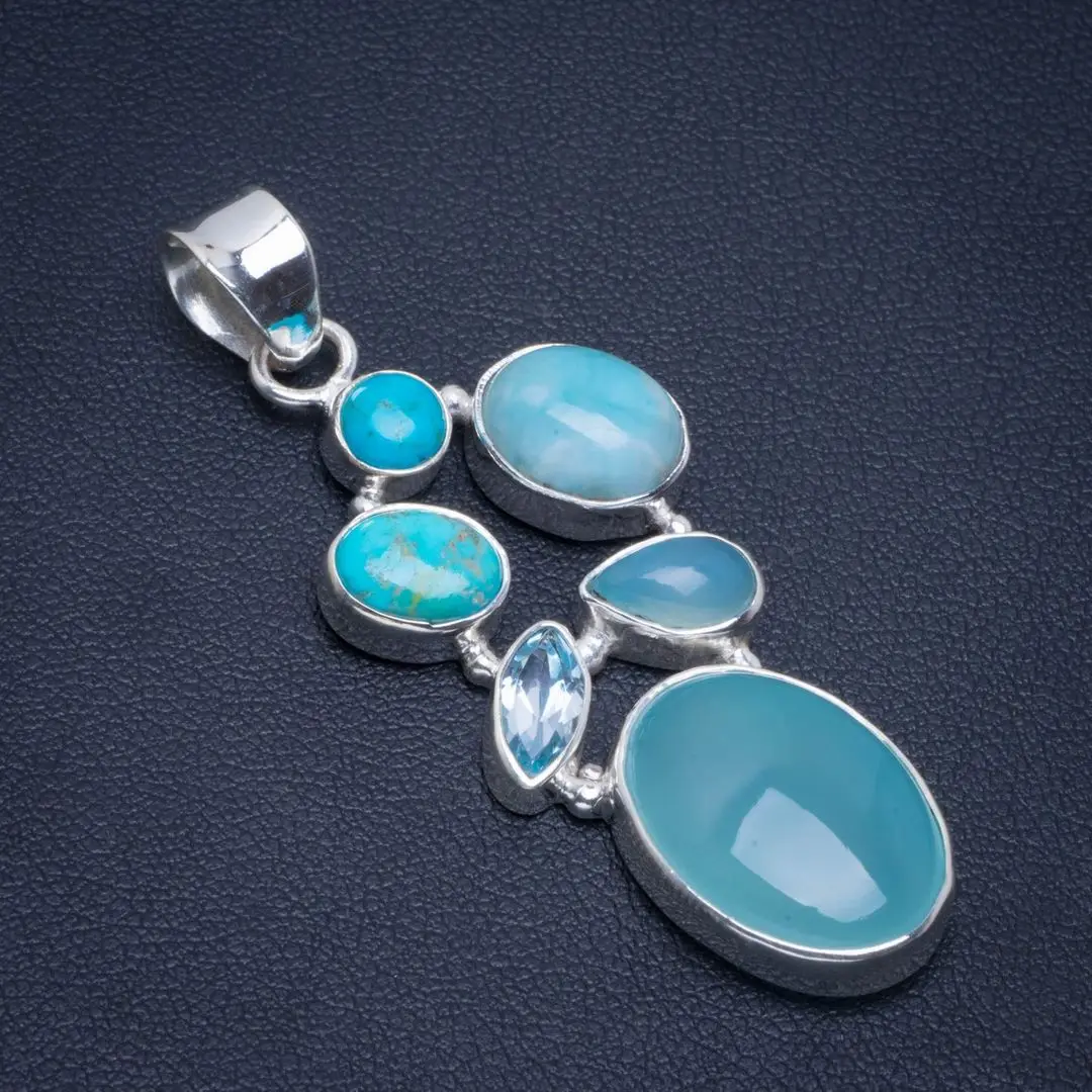 

Natural Chalcedony,Caribbean Larimar,Blue Toapz and Turquoise 925 Sterling Silver Pendant 2" B3346