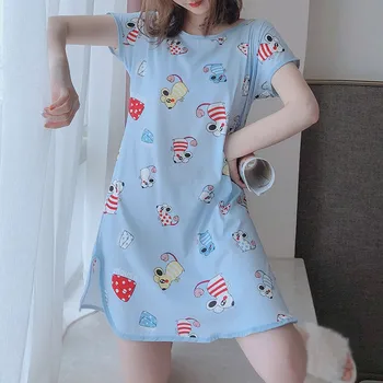 

Women's Nightdress Summer New Cute Cartoon Printed Sleep Dresses Short Sleeve Simple Milk Silk Above Knee Night Dress