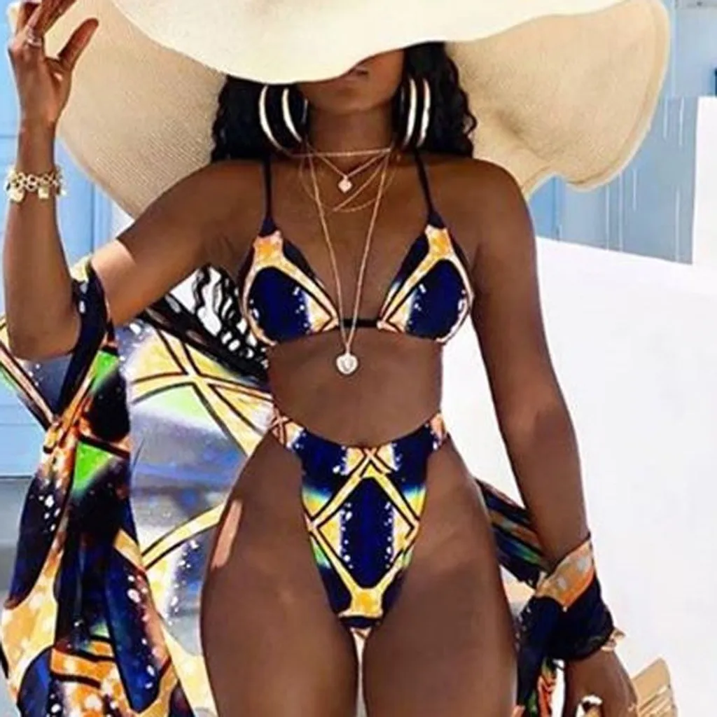 Bikinis 2019 mujer Sexy Swimwear Women Print High Waist Bandage Swimsuit Push Up Set Maillot de bain New Cover- ups | Женская одежда