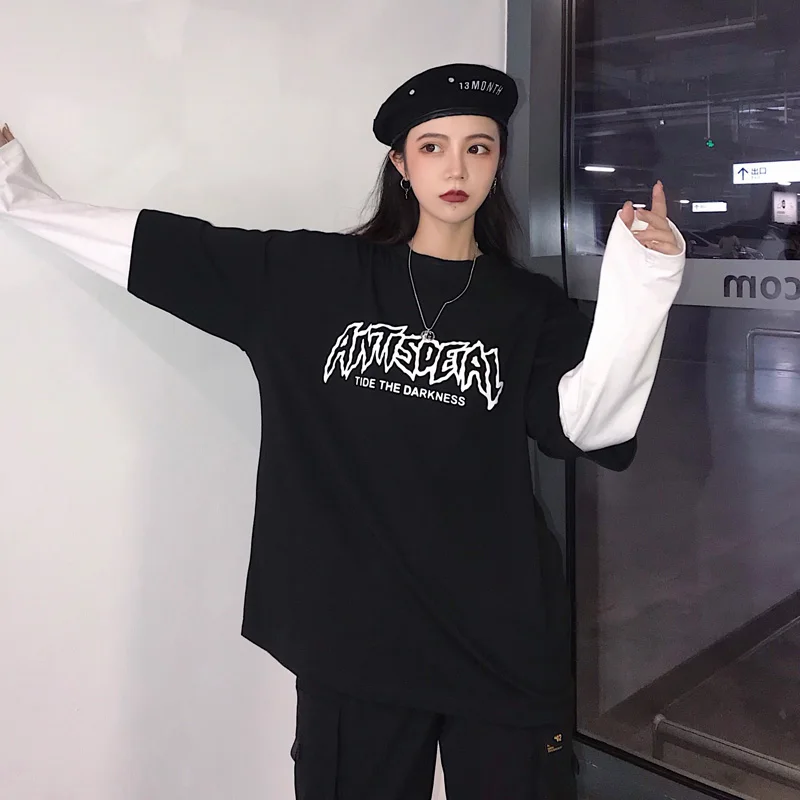 Уличная футболка Женская Толстовка Harajuku поддельные две части печати футболка хип хоп топы негабаритных футболки женские футболки mujer