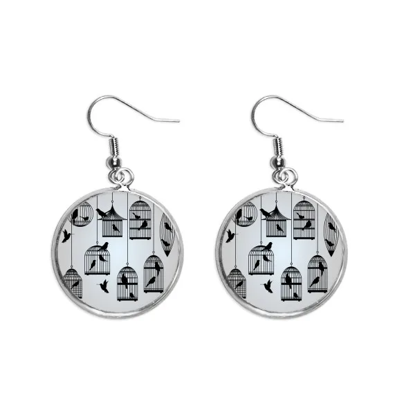 Illustration Birds Cage Outline Ear Dangle Silver Drop Earring Jewelry Woman | Украшения и аксессуары