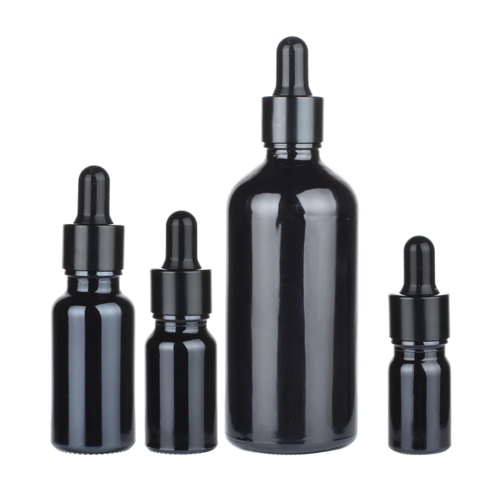 

12 x 100ml 50ml 30ml 20ml 15ml 10ml 5ml shiny black glass essential oil dropper bottle essential drop vials Cosmetic Containers