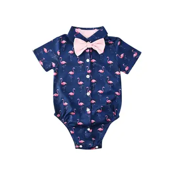 

2020 Gentleman Bodysuit For 0-24M Toddler Kid Baby Boy Clothes Flamingo Short Sleeve Bow Tie Jumpsuit Fomal Outfit Playsuit