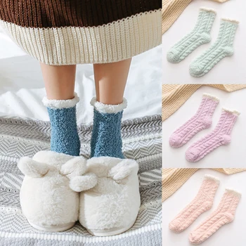 

Autumn Winter Japanese Coral Velvet Fuzzy Socks Women Warm Thickened Kawaii Pink Socks For Ladies Pure Color
