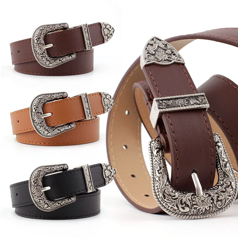 cute belts Vintage Western Carved Buckle Women Belt Black Brown Leather Belt Female Ladies Jeans Dresses Waistband Straps gold waist belt