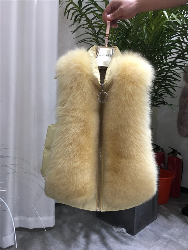 ZDFURS* натуральный Лисий мех жилет Стильный Зимний короткий толстый женский меховой жилет куртка пуховик натуральный мех жилет пальто тонкий однотонный - Цвет: yellow