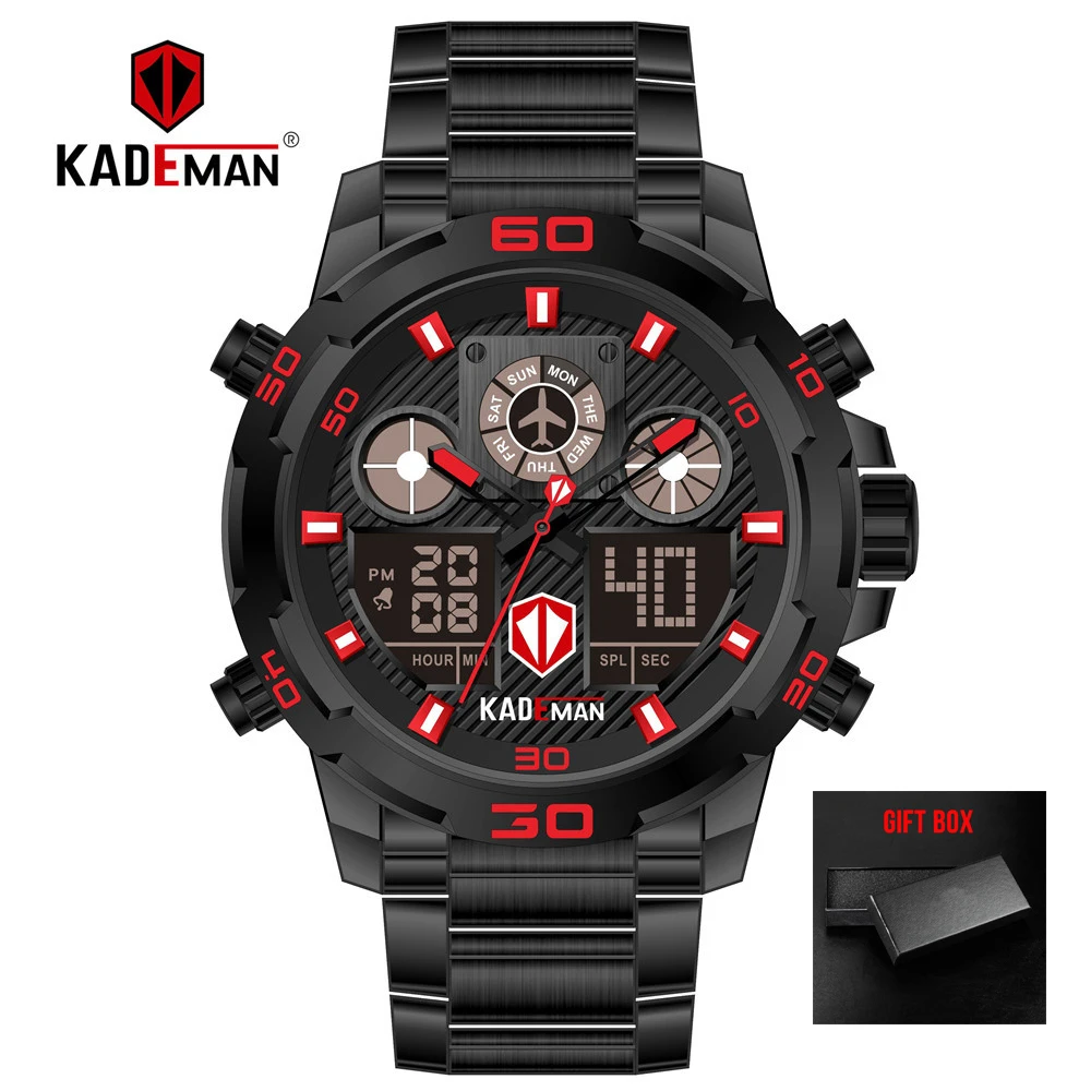 black red KADEMAN Топ люксовый бренд Мужские часы военные спортивные цифровые часы водонепроницаемый светодиодный Мужские кварцевые наручные часы Relogio Masculino - Цвет: black red