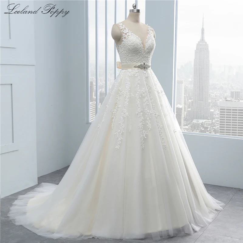 Vestido de Noiva женские трапециевидные Свадебные платья с v-образным вырезом 2019 без рукавов с кружевным орнаментом длиной до пола свадебное