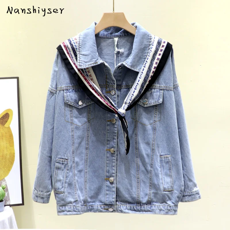 

Harajuku Jean Jacket Women 2020 Autumn New Loose Pearl beaded lace Splicing Vintage Washed Light blue denim jacket ropa de mujer