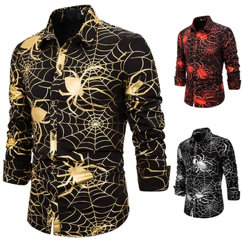 

Mens Shirts 2019 New Autumn Men's Nightclub Dance Spider Gilding Pattern Men's Lapel British Long-sleeved Shirt Dress Shirt