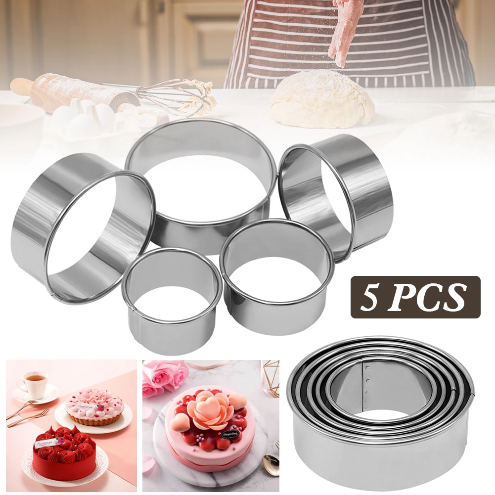 5Pcs Stainless Steel Round Cookie Biscuit Pastry Cutter Baking Cake Decor Mold 