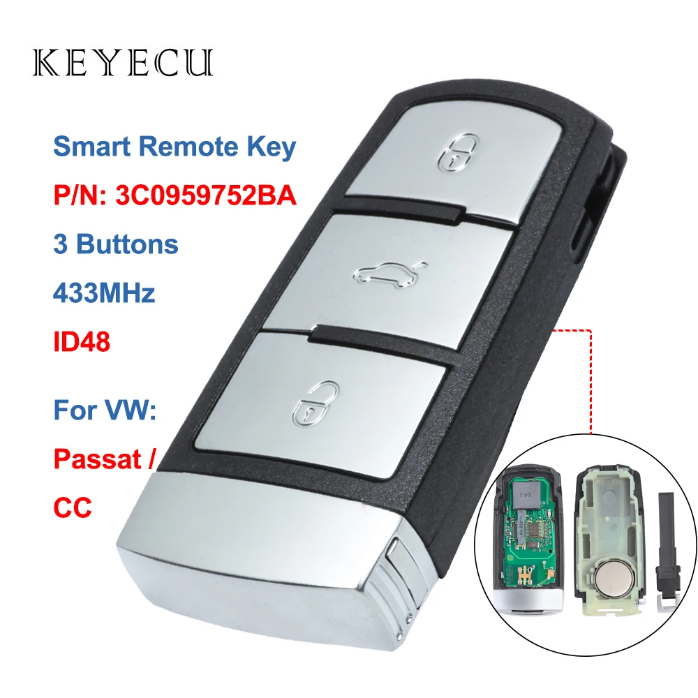Keyecu 3C0 959 752 BA дистанционный ключ-брелок от машины 3 кнопки 433 МГц CAN ID48 для VW Volkswagen