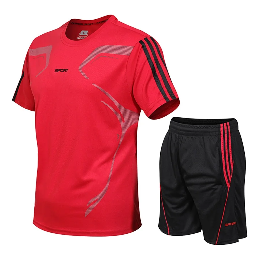 Летние мужские комплекты спортивной одежды для бега, для спортзала, фитнеса, футболка с коротким рукавом, шорты, набор для бега, для футбола, тренировочная одежда, спортивный костюм, M-5XL - Цвет: Красный