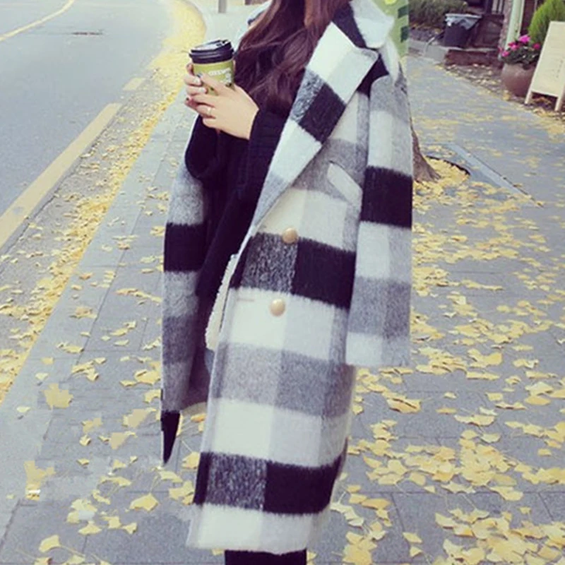 

Autumn Winter Cashmere Jacket Women Casual Black White Plaid Coat Thickness Warm Button Pocket Jackets