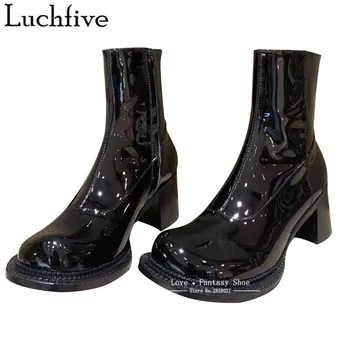 

Duck Paw Shaped Toe Ankle Boots Genuine Leather Shoes Woman High Heels Ladies Shoes Retro Black Boots Femme