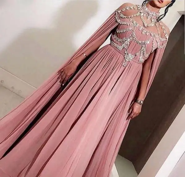 

Women's A-Line High Neck Long Beaded Pink Evening Dresses with Cape Chiffon Zipper Back Floor Length Formal Dinner Party Dresses