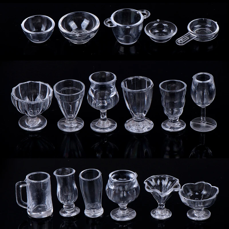 17Pcs/Set 1:12 Dollhouse Cute Mini Transparent DIY Pretend Play Kitchenware Toy Drink Cups Dish Tableware Miniatures