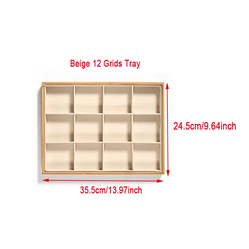 Beige 12 Grids Бамбуковые бархатные ювелирные изделия Дисплей лоток кольцо серьги ожерелье браслет кулон Дисплей Органайзер коробка для хранения ювелирных изделий - Цвет: Beige 12 Grids