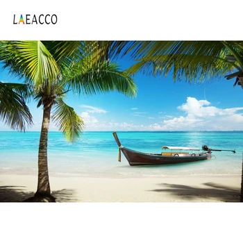 

Laeacco Summer Sky Clouds Sea Beach Palms Tree Boat Photography Backgrounds Customized Photographic Backdrops for Photo Studio