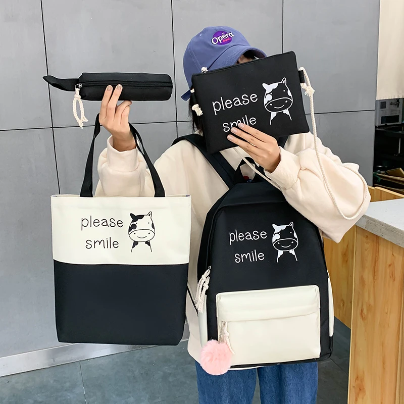 Schoolbags Women Backpack Teenage Girls Canvas for New Female 4pcs-Sets