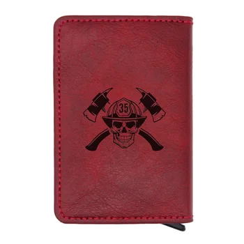 

Laser Engraving Classic Black Fire Control Skull Card Holder Men Women Firemen Credit Card Leather Wallets