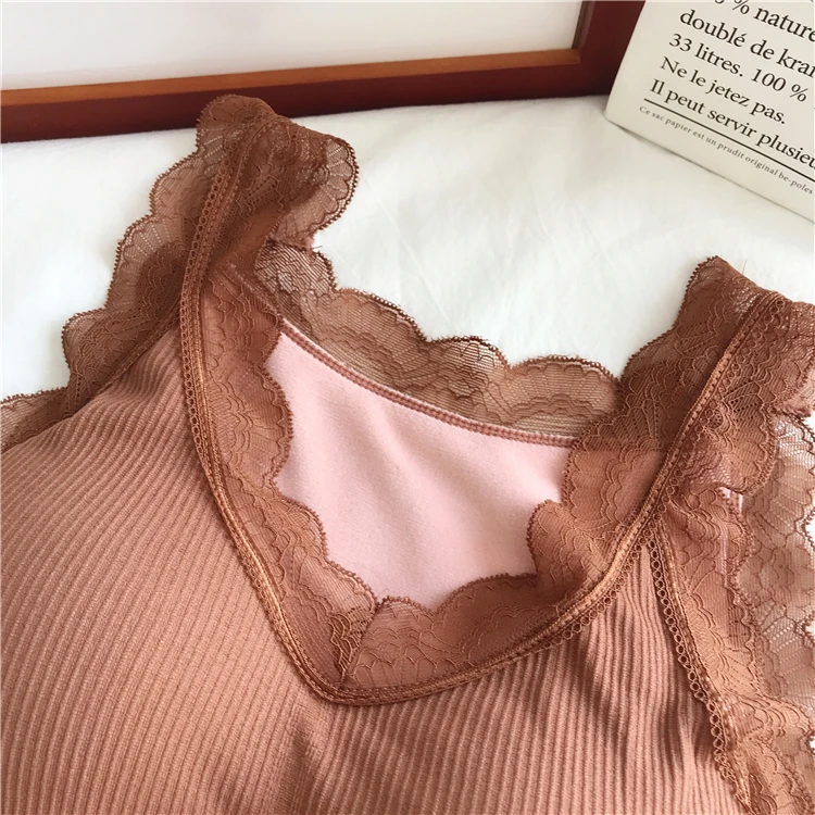 Plus Velvet Sleeveless Top Women Casual Female T-shirt Solid Color Tank Top Women V-neck Lace Top Female Winter Womens Clothing