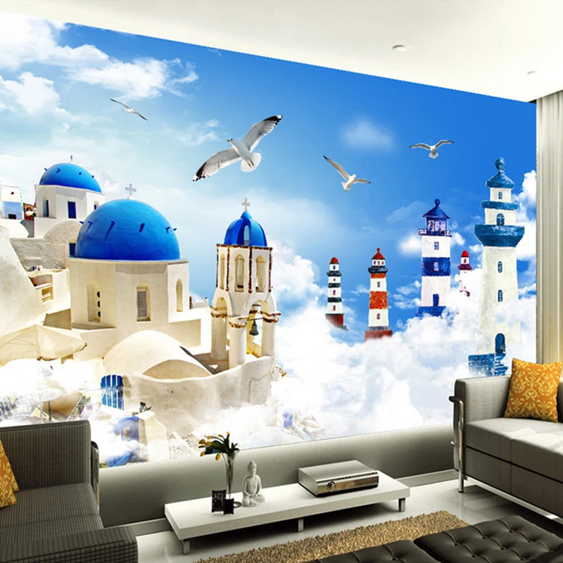 

Drop Shipping Custom Photo Mediterranean Style Cartoon Lighthouse Seagulls TV Background Wall Painting Decor Mural Wallpaper 3D