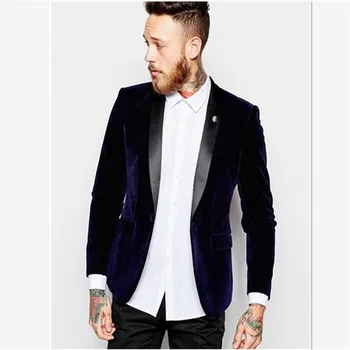 

Mens Suits (Jacket+Pants) Slim Fit Navy Blue Velvet Suits Blazer With Shawl Black Lapel Tuxedos For Wedding Groom Best Man