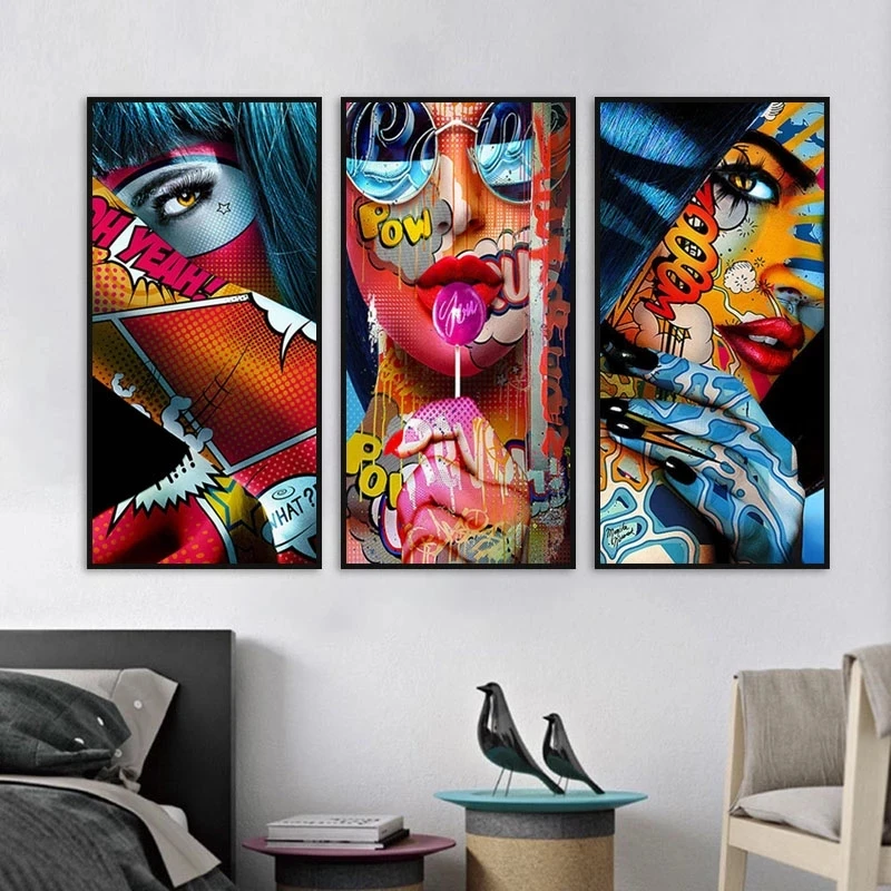 

Woman Graffiti Portrait Painting Canvas Print Comics Picture Posters and Prints Pop-Living Room Decoration Wall Art Unique Mural