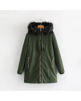 

women winter big fur collar parkers 2019 fashion girls armygreen solid hoodied straight pockets zipper female cotton outwears