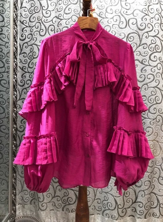 High Quality Designer Blouse Shirts Autumn Winter White Rose Red Green Blouses Women Bow Collar Silk Cotton Shirt Ruffle