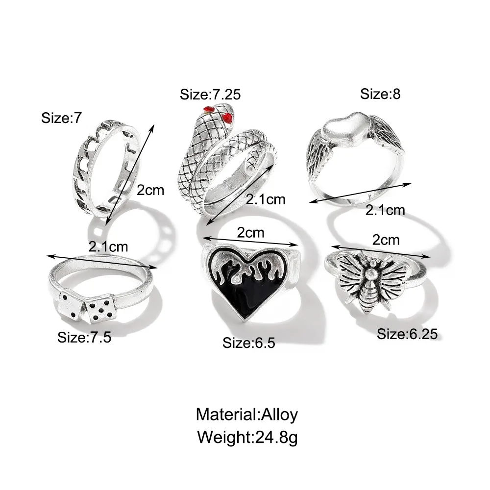 Punk Snake Gothic Silver Color Finger Ring Set 6PCS For Women  Heart Butterfly Wing Angel Wings Cupid Charms Rings Jewelry