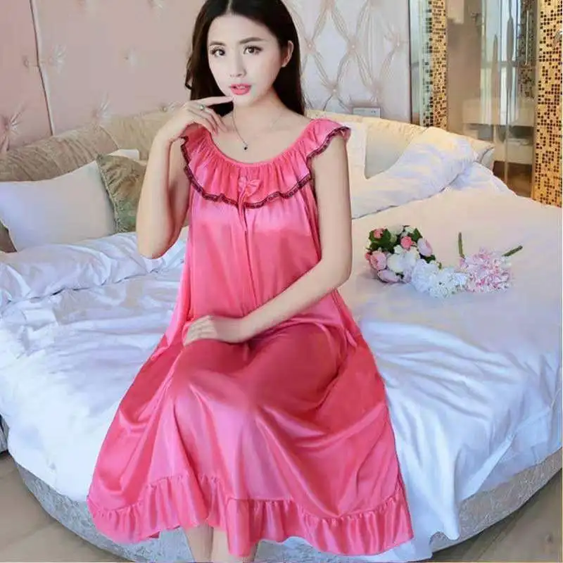 Ice Silk Night Dress Women Satin Sexy Sleepwear High Long Loose Silk Long Nightwear Lingerie Sexy Nightgown Summer Wedding Bride