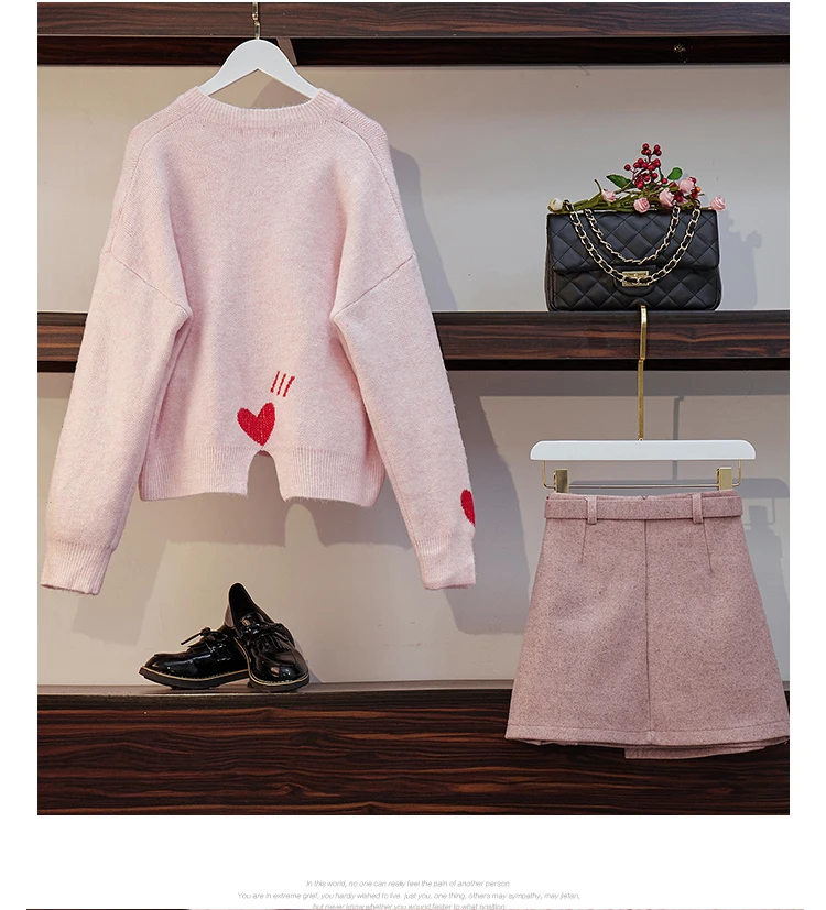 Элегантный стиль, Свободный вязаный свитер с узором в виде сердца, топ+ шерстяной пояс, мини-юбка трапециевидной формы, женский модный комплект из 2 предметов, комплект с розовой юбкой
