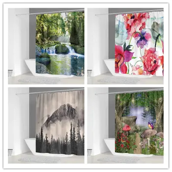 

2020 New 3D Flower Printing Shower Curtain With Hooks For Bathroom Home Decoration Thickening Waterproof Polyester Curtains