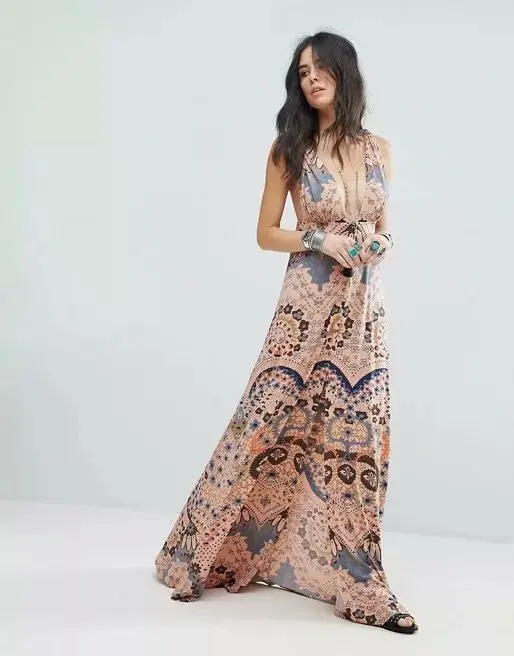 

WOMEN'S Dress Thailand Travel Holiday Travel 19 Summer New Style Knitted Floral Print V-neck Long Dress